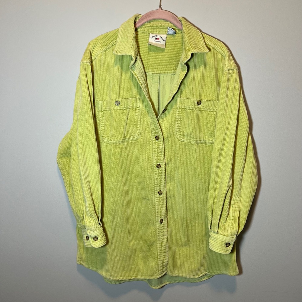 County Seat Outerwear Lime Green Corduroy Button Down Shirt Jacket Women's Large